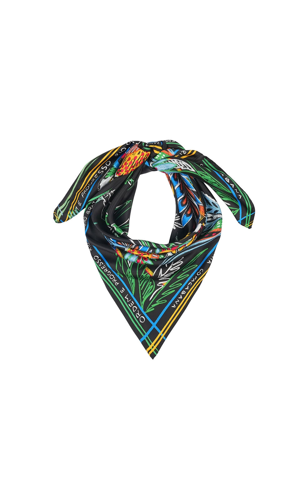 Détail foulard Wild noir motif Brésil palmiers perroquets et symboles tropicaux