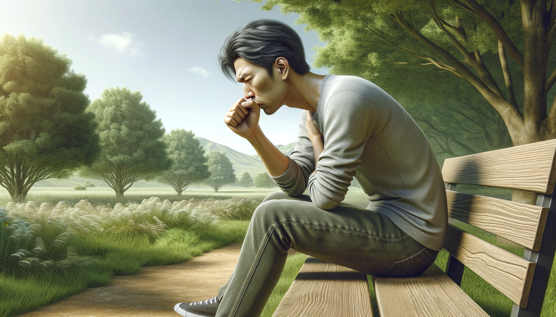 a man feeling sick on a park bench
