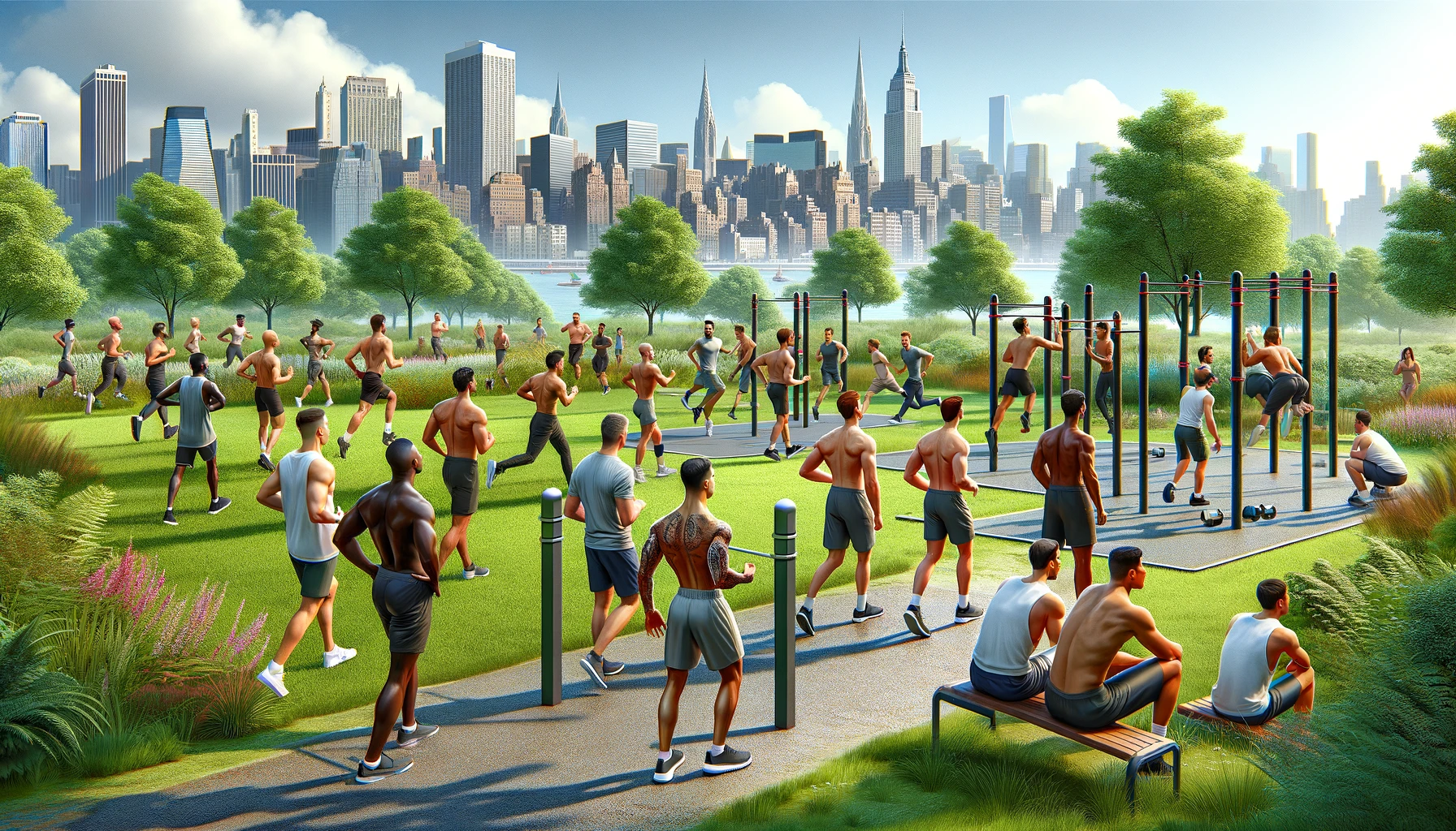 a group of men in a garden working out together
