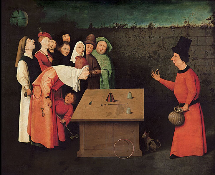 Hieronymus Bosch and workshop, “The Conjurer,” c. 1502, oil on wood, 21 x 26”. Courtesy of Musée Municipal, St.-Germain-en-Laye, France.