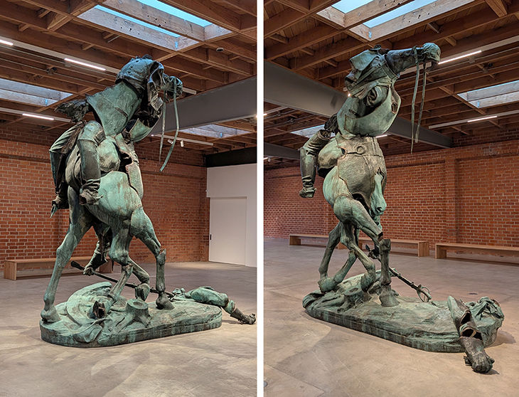 Kara Walker, “Unmanned Drone,” 2025, bronze statue made from Charles Keck’s 1921 statue of Stonewall Jackson, which stood in Charlottesville, Virginia and was decommissioned in 2021, 156 x 132 x 56”. Courtesy of MOCA, Los Angeles. Photo: George Melrod.