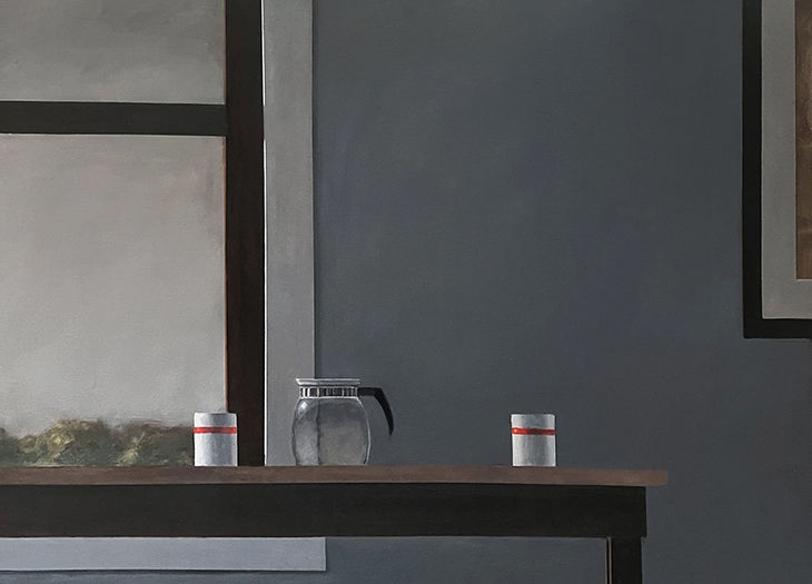 Norman Lundin, “Coffee Pot and Two Cups,” 2026, oil on canvas, 36 x 48”.
