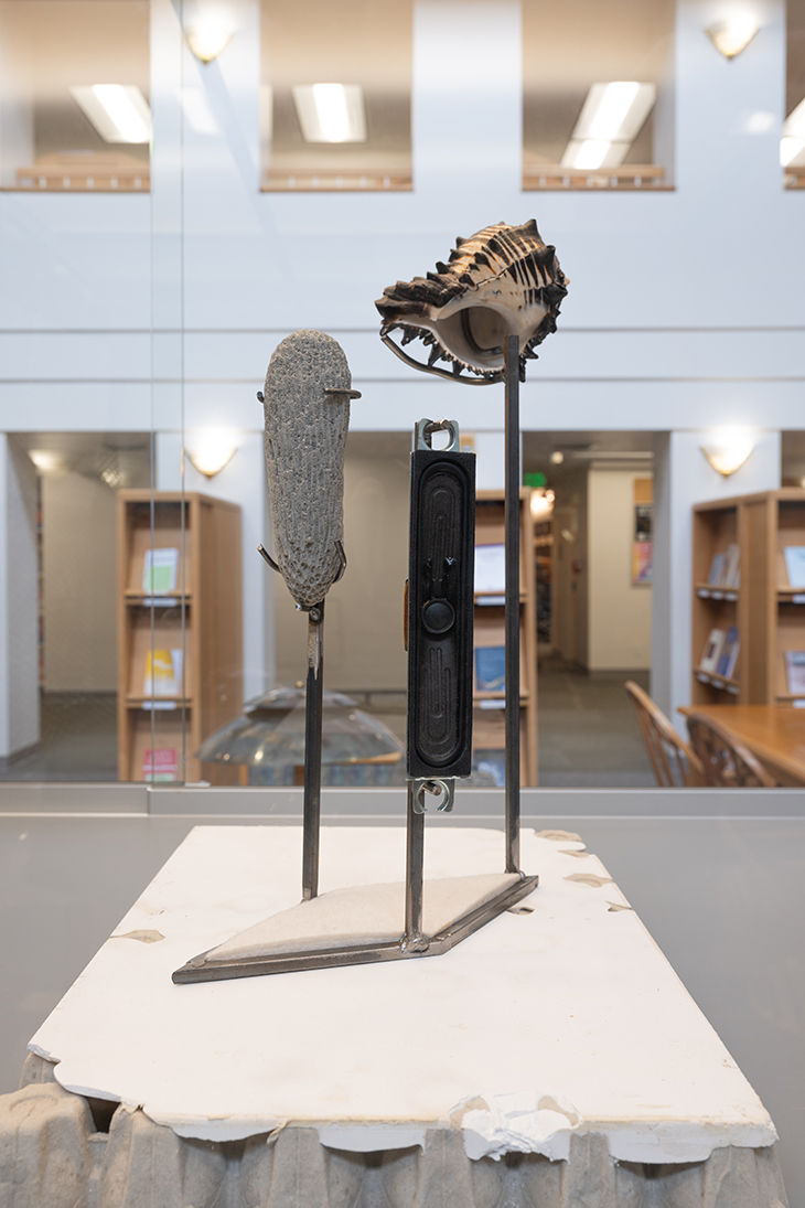 Jack Snell-Ryan, “Armature Collage,” 2024, found objects, felt, egg carton, plaster, cast Roman concrete, welded steel, 17 x 10 1/2 x 14”.