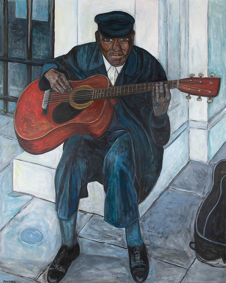 Willie Birch, “Street Musician with Guitar,” 1999, acrylic and charcoal on paper, 60 × 48”. Courtesy of Pettit Art Partners, New York.