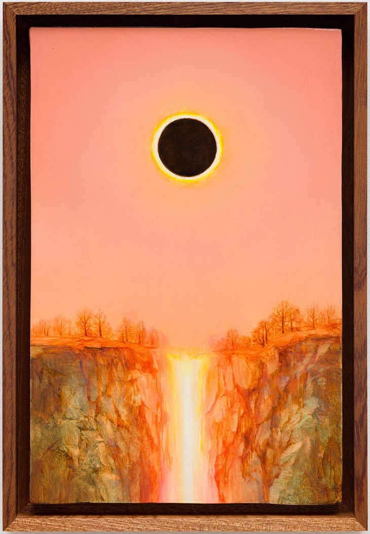 Angela Lane, “Firefall,” 2026, oil on birch plywood, 10 x 7”.