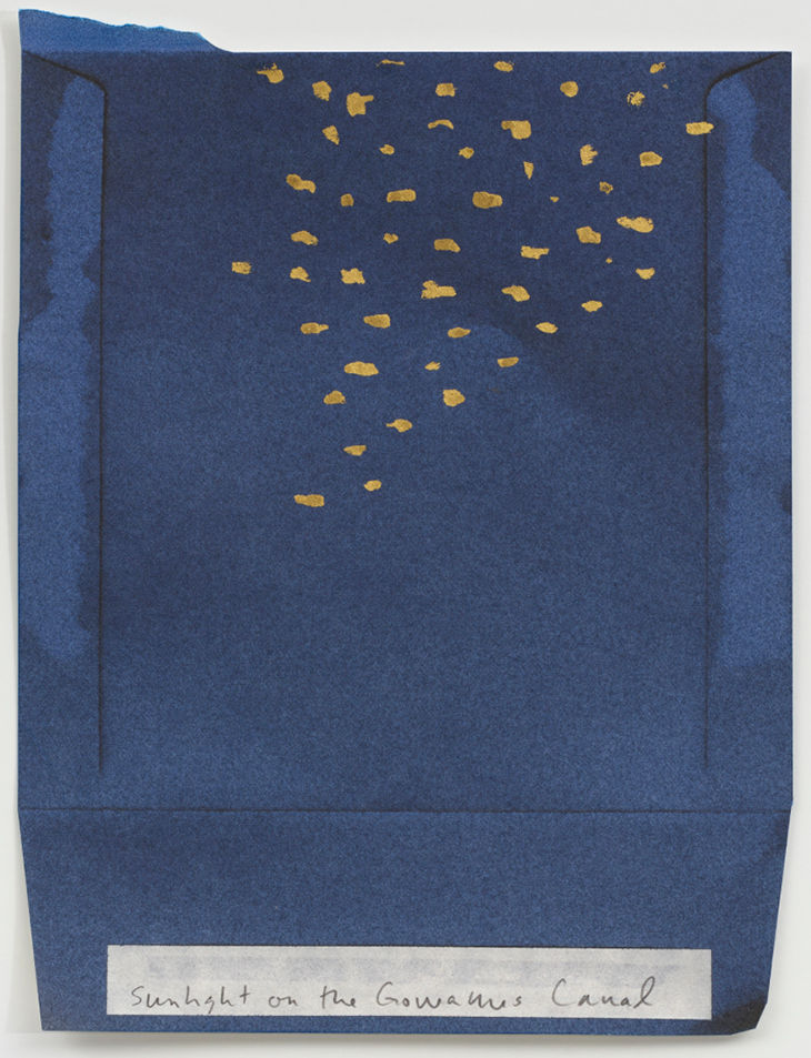 Spencer Finch, “Gorgeous Nothing 16, Sunlight on the Gowanus Canal,” 2026, archival inkjet print, gold leaf, colored pencil on paper, 9 1/4 x 6 1/4”.