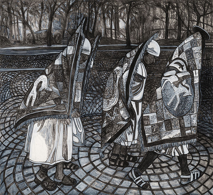 Willie Birch, “Evoking the Spirits of the Ancestors,” 2002, acrylic and charcoal on paper, 72 1/4 × 79 1/8”. Courtesy of Willie Birch Studio. Photo: Sesthasak Boonchai.