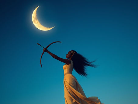 create a wide angled photo abstract feminine energy Afro Moon Goddess in relation to The Waning Crescent Moon of Love in Sagittarius NAMWEZI title