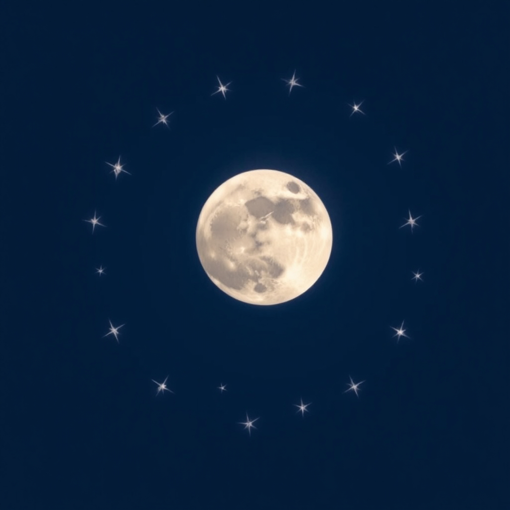 bright shining stars circling around a full moon in a blue sky
