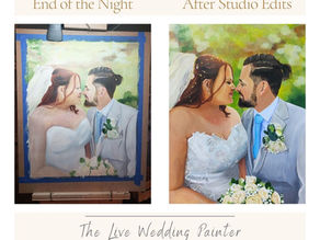 A side by side comparison of a live wedding painting at the end of the night, verses after studio edits.
