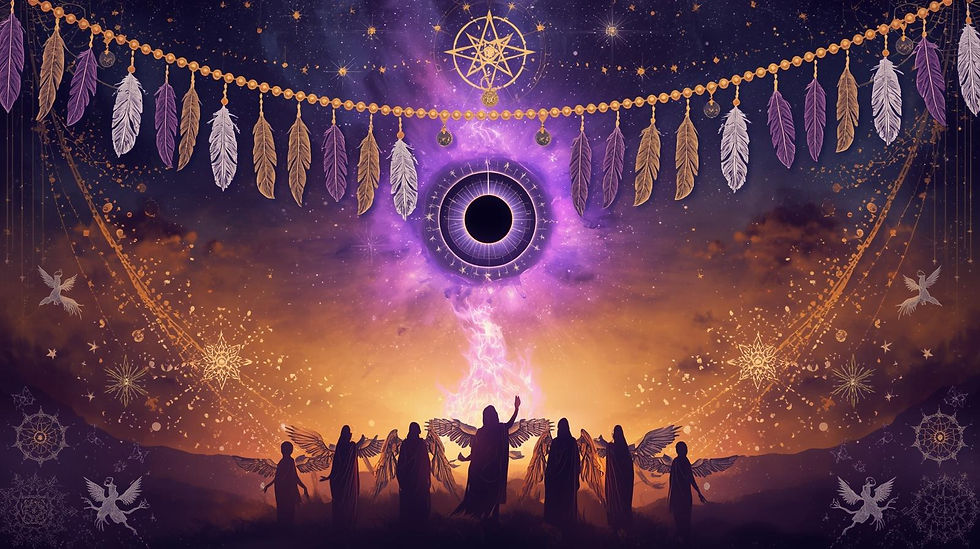 Spiritual banner with spirit guides and third eye magic feathers purple tone