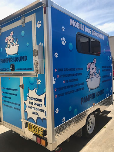 Back and side of Pamper Hound trailer