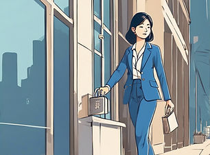an Asian business woman in a blue suit going to the bank to deposit money on a sunny day_e