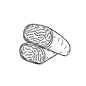 black outline of a burrito, cut in half, one half stacked neatly on the bias on top of the