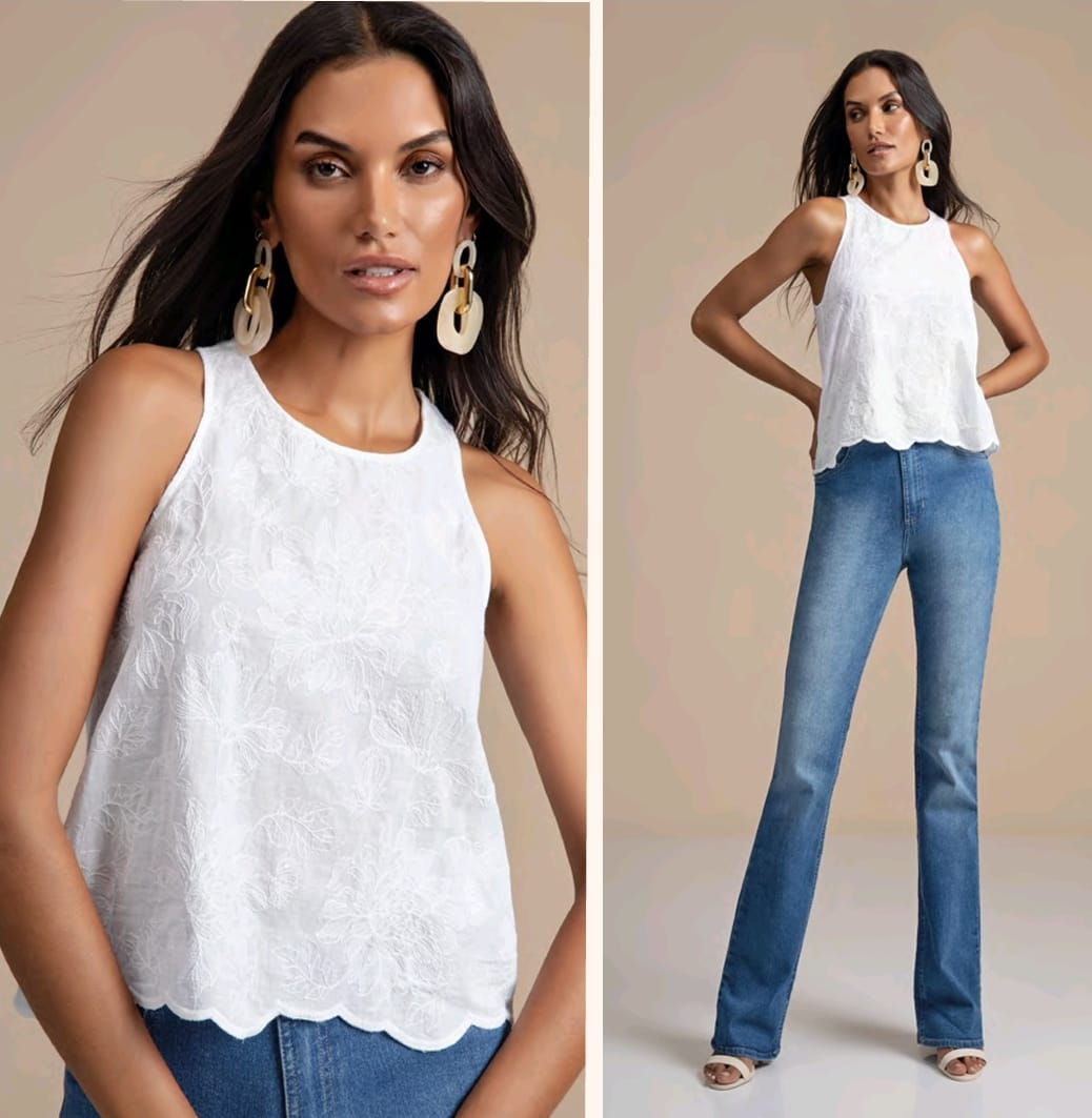 Regata cropped algodão bordada