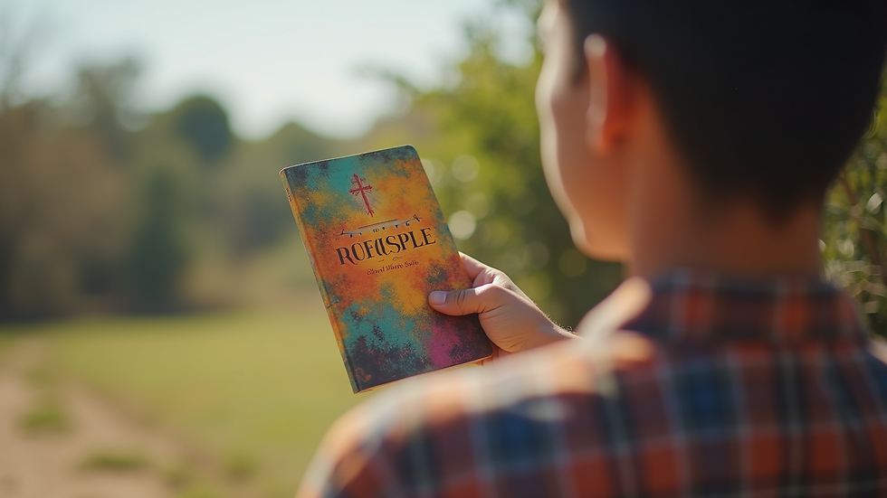 Close-up view of a missionary holding a colorful gospel booklet outdoors