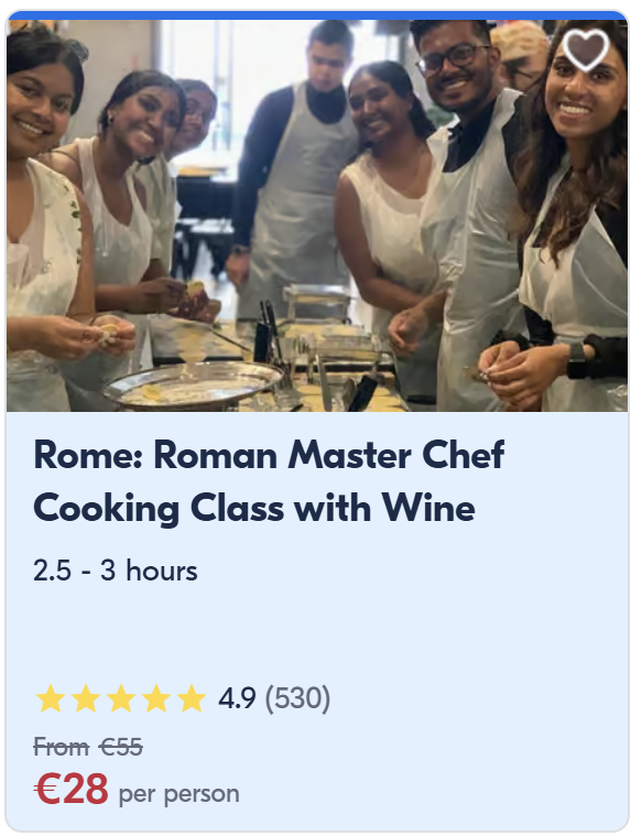 Group of smiling people in aprons cooking together in a bright room. Text: "Rome: Roman Master Chef Cooking Class with Wine," rated 4.9.