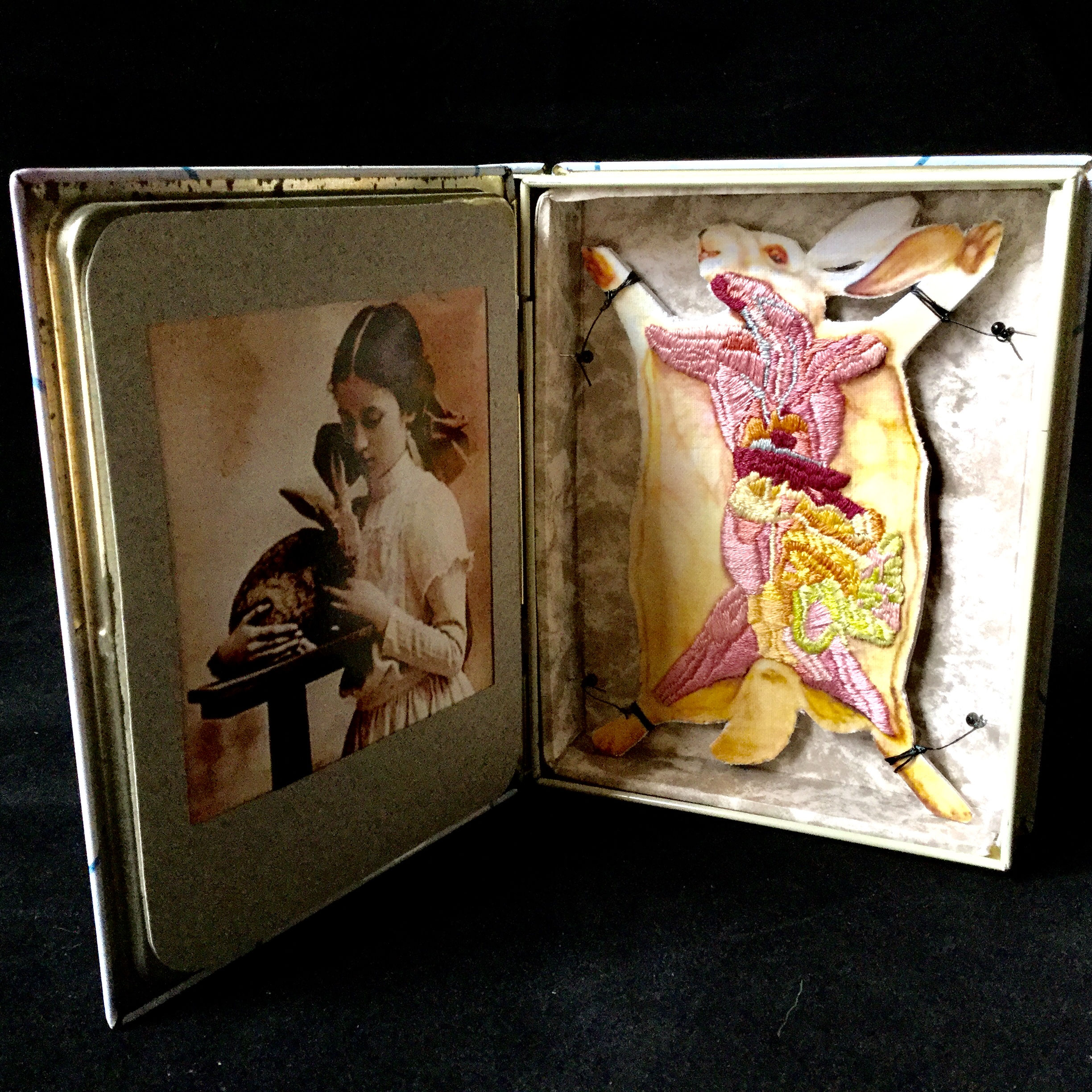 objet déco façon cabinet de curiosité broderie anatomique lapin dans un livre boite