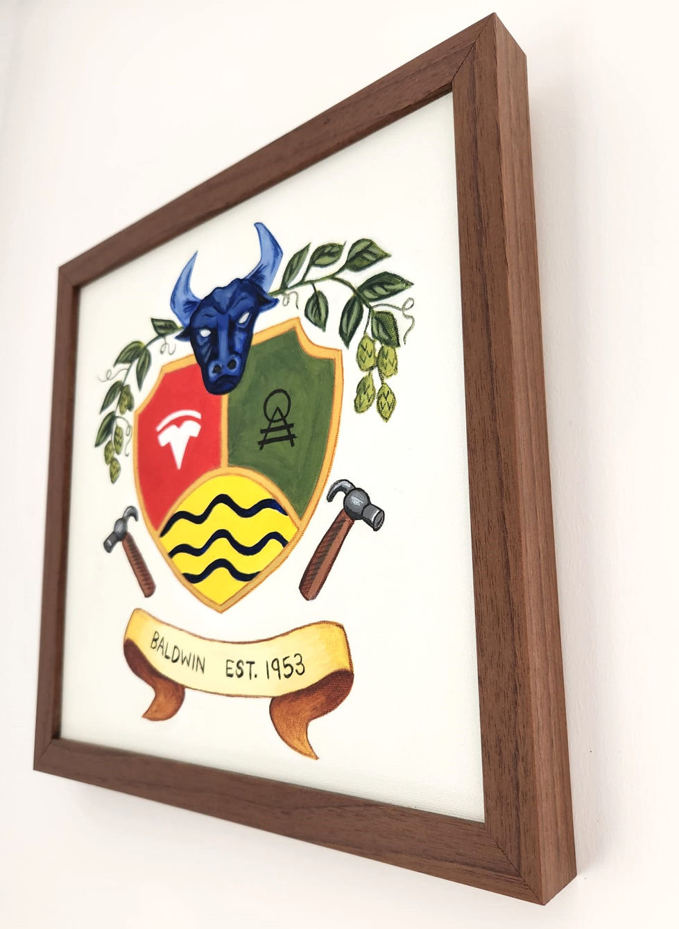 coat of arms commission, acrylic painting side view