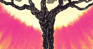 Illustration of tree with sun shining behind it and Yiddish words written in the branches