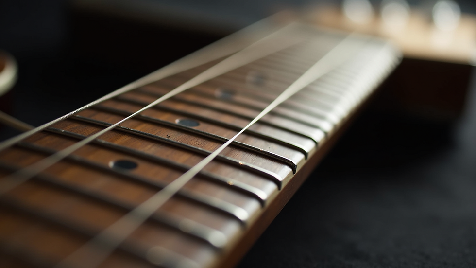 Close-up view of guitar neck and strings showing fretboard details