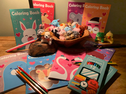 Coloring books, colored pencils & tiny stuffed animals for the younger patients.