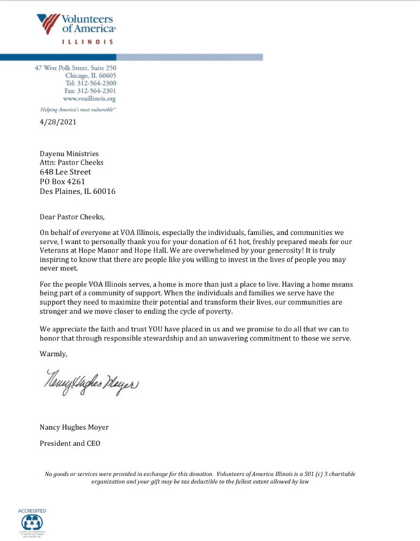 Thank you letter to Dayenu Ministries from Volunteers of America (click to enlarge)