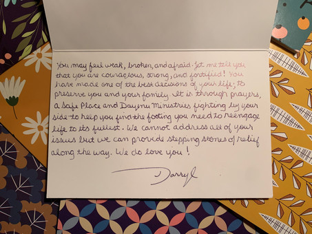 A closer look at Darryl's card for adults who arrived seeking "A Safe Place" for both themselves and their children.