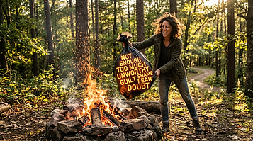Firefly_Gemini Flash_A woman confidently dropping a overflowing trash bag filled with glow
