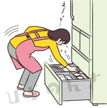 冷蔵庫の下をとる女性のイラスト