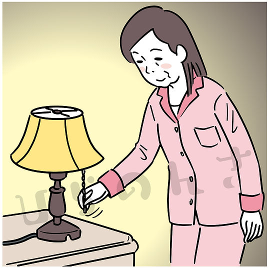 ベッドサイドランプをつける中年女性のイラスト