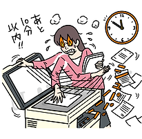 コピーを時間までにたくさんしなければならなくて急ぐ女性のイラスト