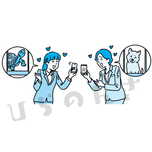 好きな動物を携帯で見せ合う女性たちのイラスト