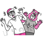 体操のおにいさんとキャラクターのコスプレをする男性のイラスト