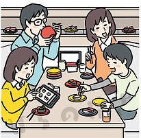 回転寿司で家族がお寿司を楽しむイラスト