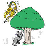 木の下で目を光らせる狼と、それを見守る女神のイラスト