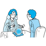 部下を占う占い師のコスプレをした女性上司とその部下のイラスト