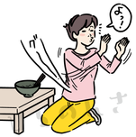 お蕎麦を食べたあと体を捻る女性のイラスト