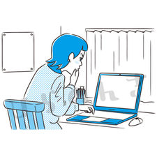 パソコンで調べ物をする美容師のイラスト