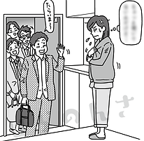 深夜部下を大勢酔っ払って連れて帰る旦那とそれを怒る奥さんのイラスト