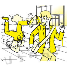 逆立ちで急ごうとする男性に驚く外国人男性のイラスト