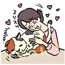 猫に癒される女性のイラスト