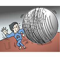 大きなゴルフボールに追われる子供の夢のイラスト