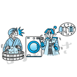 おばあさんに洗濯機をすすめる桃太郎のイラスト