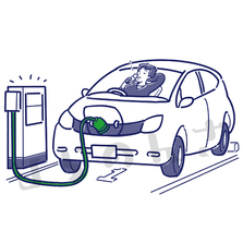 ev車の充電待ち時間を楽しむ男性のイラスト