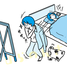 起きてすぐ着替えて鏡をみる女性のイラスト