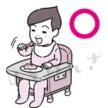 低いベビーチェアで食事をする赤ちゃんのイラスト