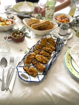 Baby zucchini stuffed and baked, very morish! Gluten-free, dairy free and egg free. Yet totally full of flavour.