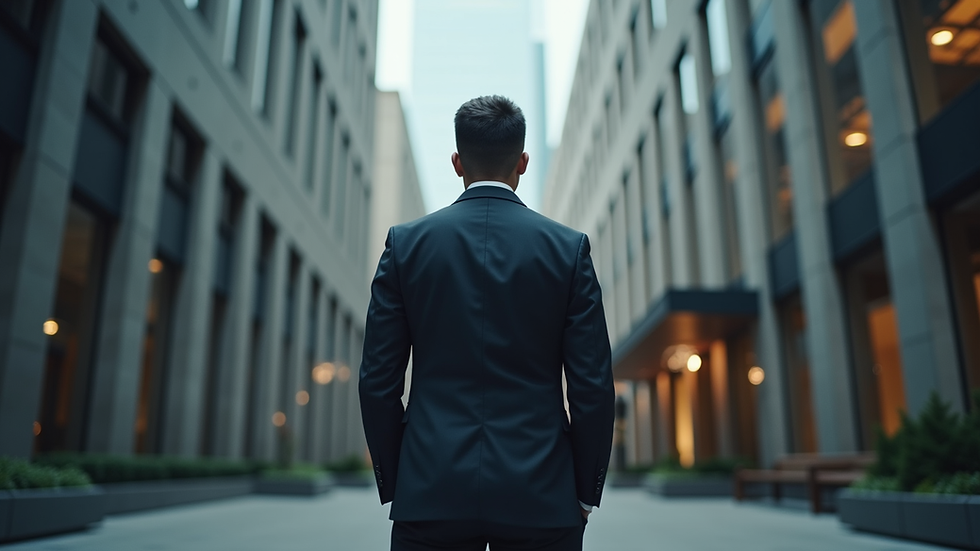Eye-level view of a professional bodyguard standing alert outside a corporate building
