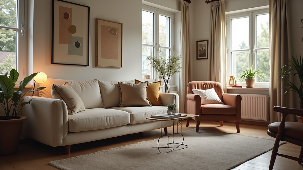 Eye-level view of a cozy living room with a rented sofa and decor